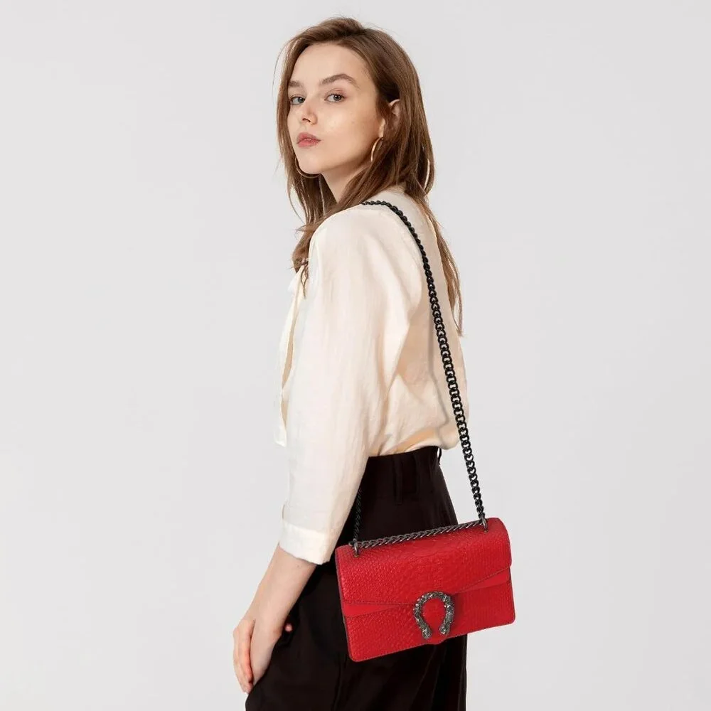 ⚡ Women's Red Snake Vegan Leather Print Casual Fashion Satchel Crossbody Handbag
